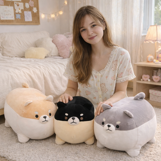 Woman holding three plush dog toys in a bedroom setting