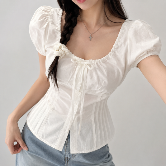 Cottagecore Puff Sleeve Tie Front Women's Blouse