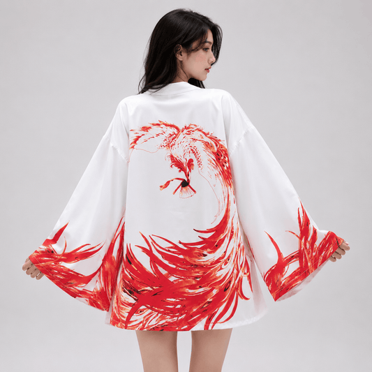 Kawaiies Collection - Kimono - Flaming Red Phoenix Black White Women's Kimono Cardigan