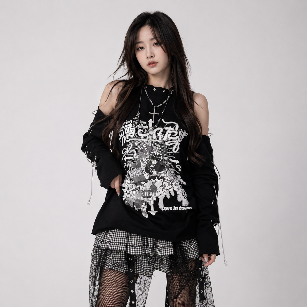 Black Gothic Harajuku Anime Off-Shoulder Long Sleeve Tee – Kawaiies