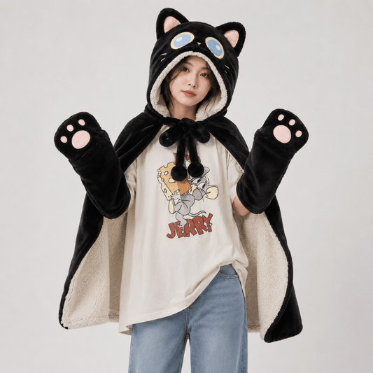 Kawaiies Collection - Apparel - Black Cat Green Dino Plush Cape Hoodie Blanket