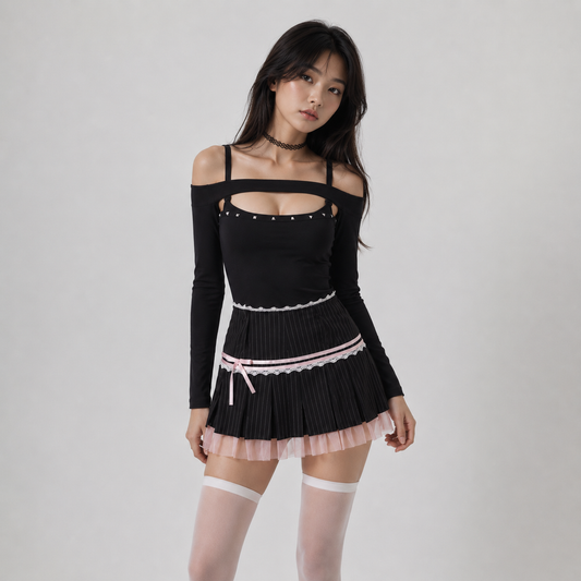 Rosette Pinstripe Pleated Mini Skirt