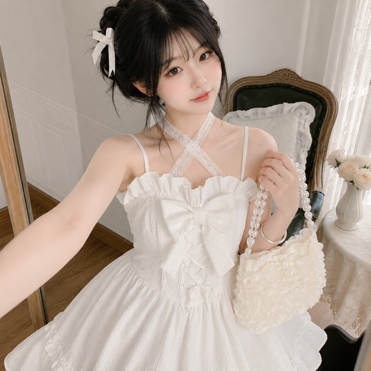 White Lolita Style Lace Bow Ruffles Women's Dress