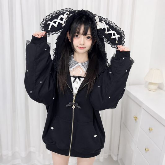 Lace Bunny Ears Black White Zip-up Hoodies