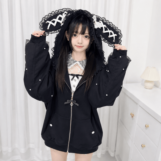 Kawaiies Collection - Apparel - Lace Bunny Ears Black White Zip-up Hoodies