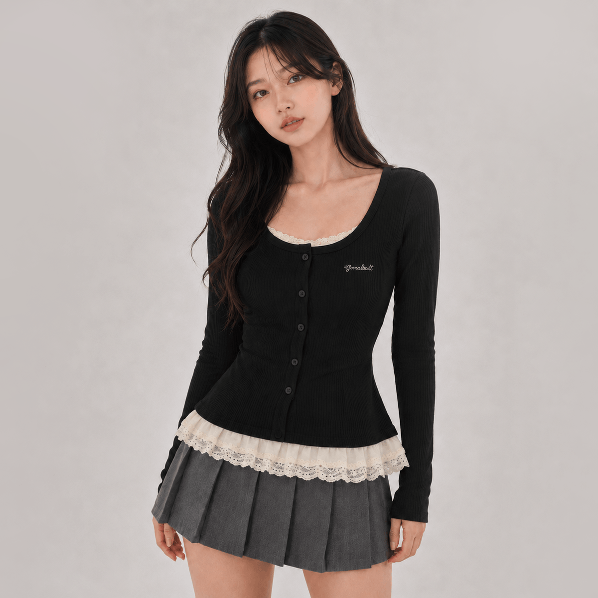 Kawaiies Collection - Apparel - Gothic Lace Hem Gray Black Long Sleeve Women's Top