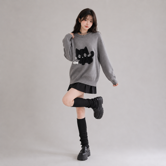 Midnight Kitty Grey Oversized Women's Sweater