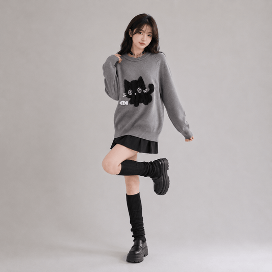 Kawaiies Collection - Apparel - Midnight Kitty Grey Oversized Women's Sweater