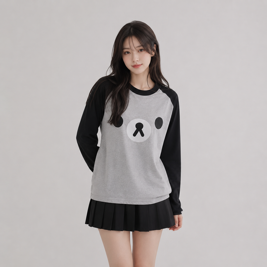Kawaii Bear Face Oversized Long Gray Women's Top