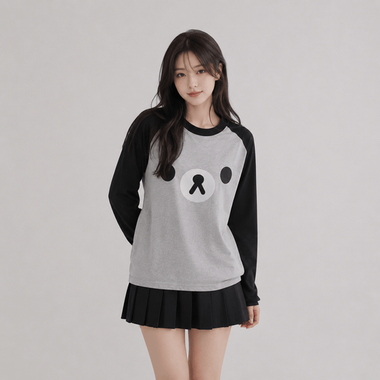 Kawaiies Collection - Apparel - Kawaii Bear Face Oversized Long Gray Women's Top