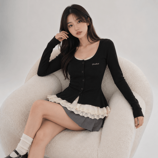 Kawaiies Collection - Apparel - Gothic Lace Hem Gray Black Long Sleeve Women's Top