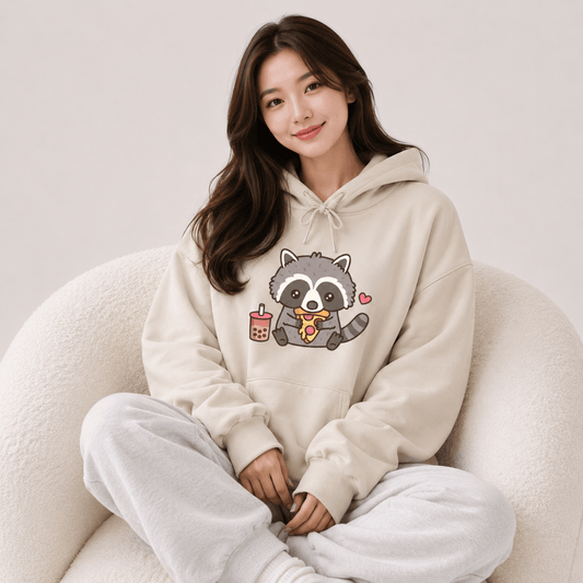 Kawaiies Collection - Apparel - Cute Raccoon Eating Bubble Milk Tea and Pizza Unisex Hoodies