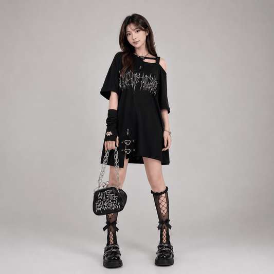 Kawaiies Collection - Tops - Black 'Make Up Heart' Punk Women's Oversized Tee