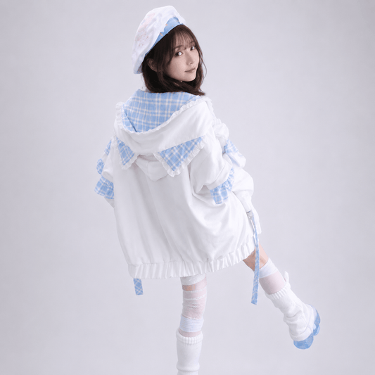 Kawaiies Collection - Apparel - Kawaii Lolita Checkered Cat-Eared Zip-Up White Black Hoodie