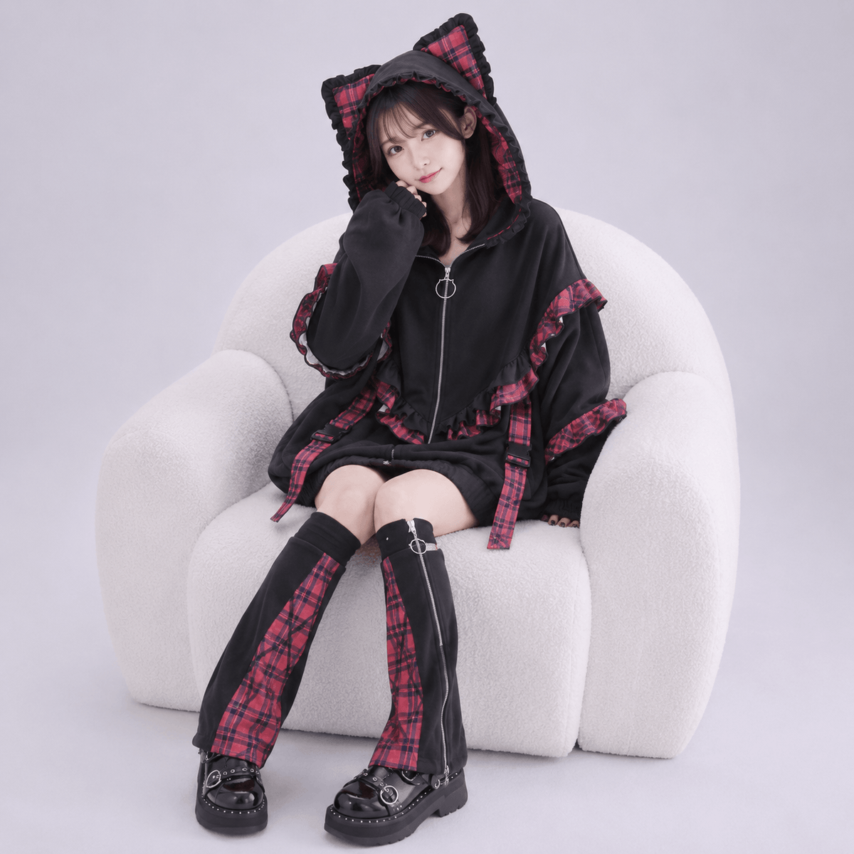 Kawaiies Collection - Apparel - Kawaii Lolita Checkered Cat-Eared Zip-Up White Black Hoodie