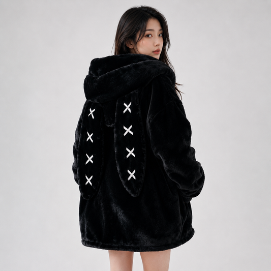 Goth Bunny Oversized Fluffy Zipper Black Jacket