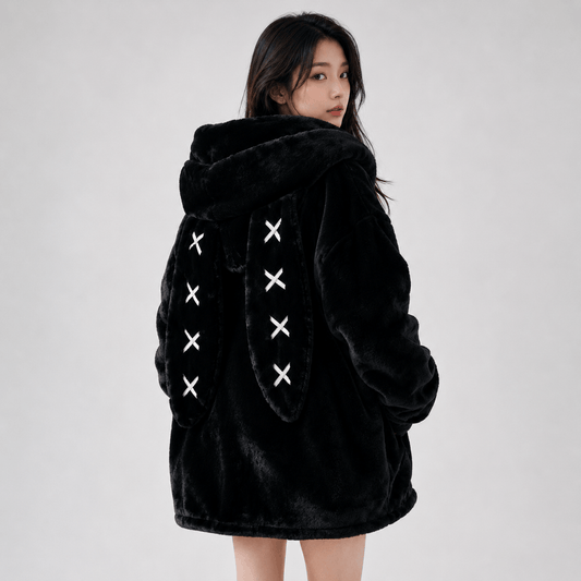 Kawaiies Collection - Apparel - Goth Bunny Oversized Fluffy Zipper Black Jacket