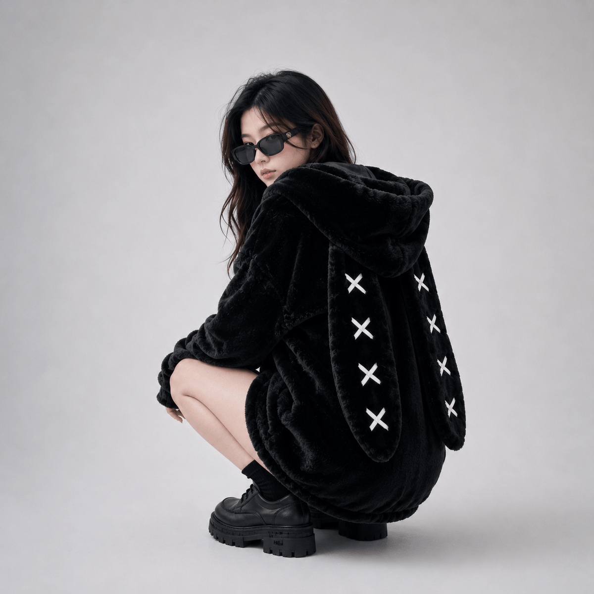 Kawaiies Collection - Apparel - Goth Bunny Oversized Fluffy Zipper Black Jacket