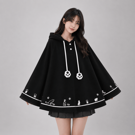 Kawaiies Collection - Apparel - Kawaii White Black Hooded Cat Ears Oversized Ponchos Coats