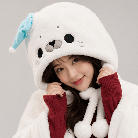 Kawaiies Collection - Apparel - Fluffy White Seal Cloak Hooded Blanket Cape