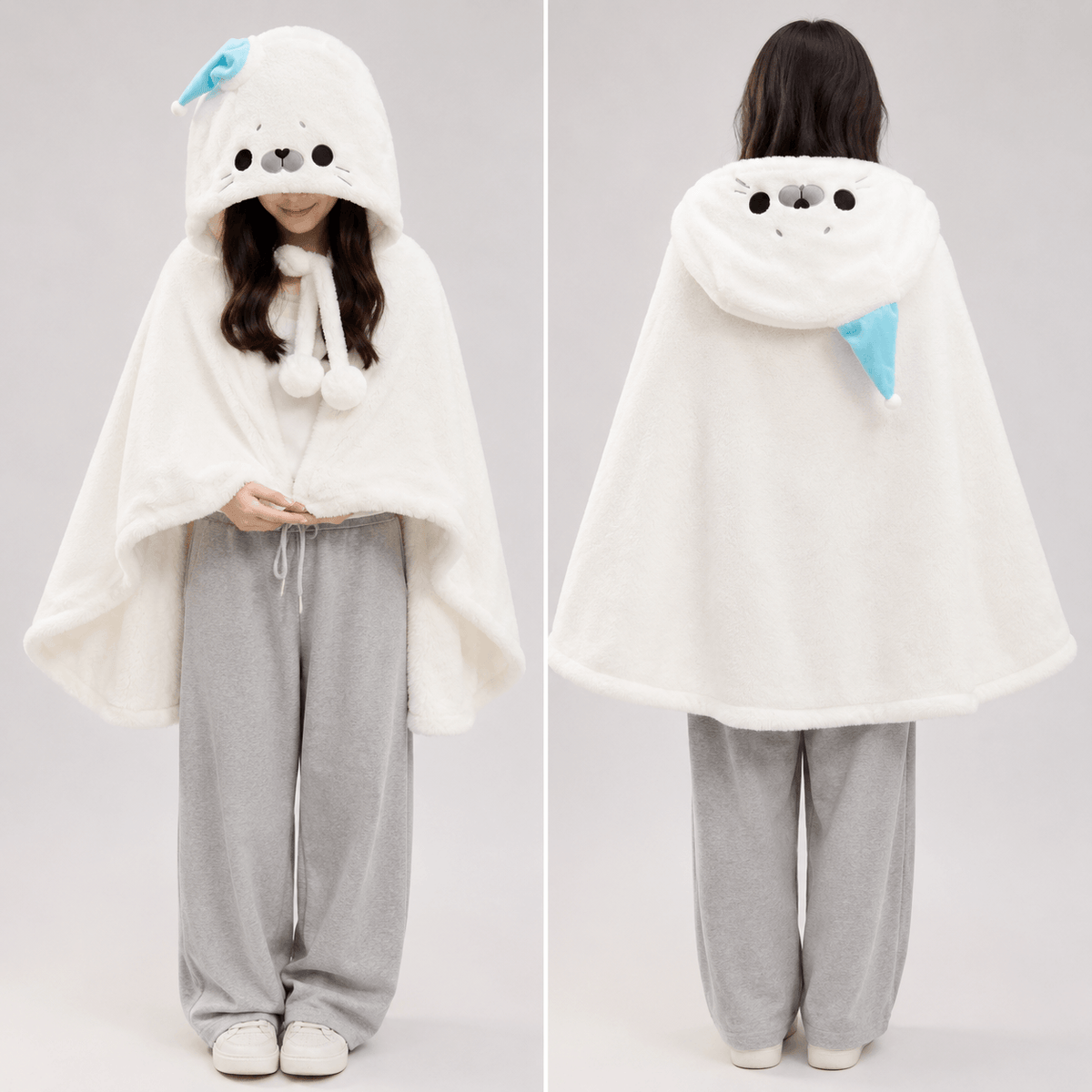 Kawaiies Collection - Apparel - Fluffy White Seal Cloak Hooded Blanket Cape
