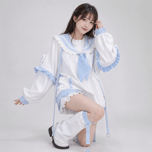 Kawaiies Collection - Apparel - Sweetheart Harajuku White Blue Ruffles Zipper Jacket