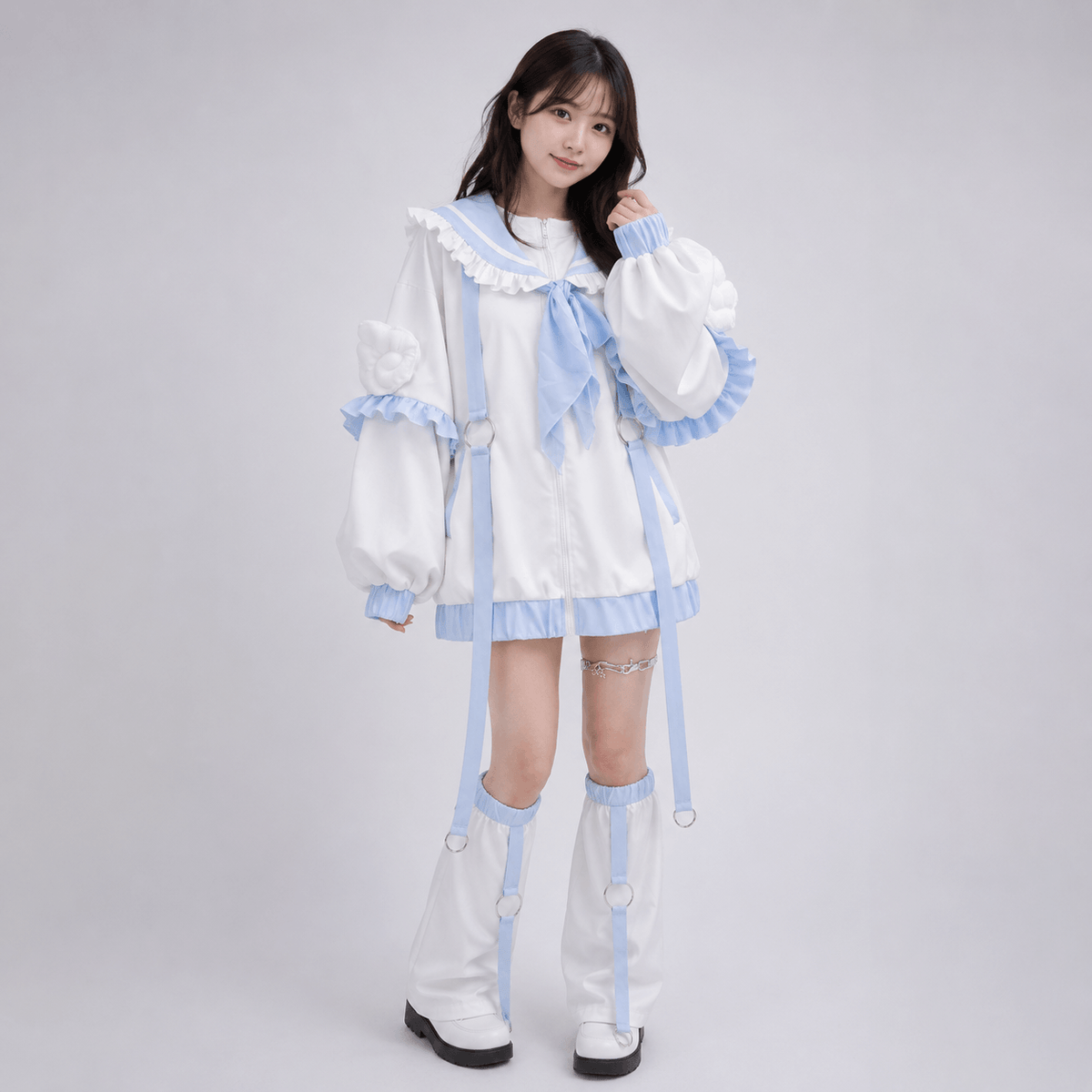 Kawaiies Collection - Apparel - Sweetheart Harajuku White Blue Ruffles Zipper Jacket