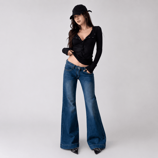 Kawaiies Collection - Apparel - Skyline Low Rise Flare Women's Blue Jeans