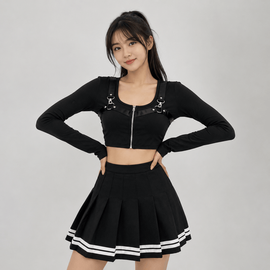 Kawaiies Collection - Apparel - Preppy Pleated Striped Tennis Black Pink Navy White Mini Skirt