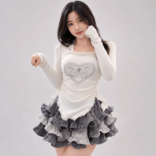 Kawaiies Collection - Apparel - Japanese Harajuku Gray White Bunny Ruffled Skirt Top