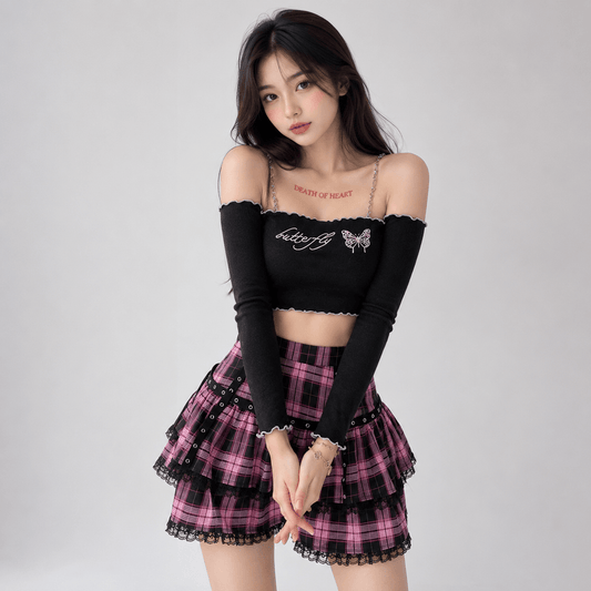 Kawaiies Collection - Apparel - Harajuku Lolita Gothic Black Pink Laced Plaid Pleated Skirt