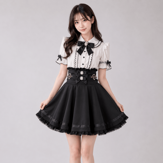 Kawaiies Collection - Apparel - Gothic Heart Bow High Waist Black Plaid Skirt