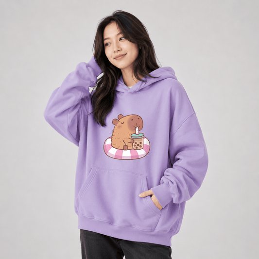 Kawaiies Collection - Apparel - Capybara Floating & Sipping Bubble Tea Unisex Hoodie