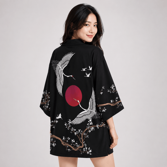 Kawaiies Collection - Kimono - Japanese-themed Red Sun White Cranes Unisex Kimono