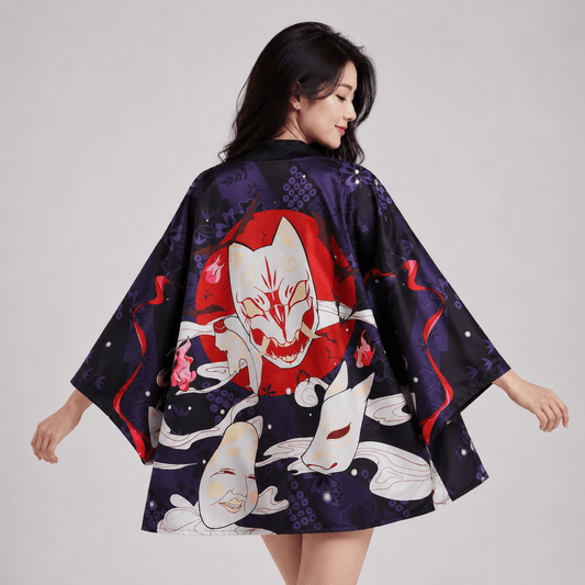 Kawaiies Collection - Kimono - Japanese-themed Red Navy Samurai Cat Mask Unisex Kimono