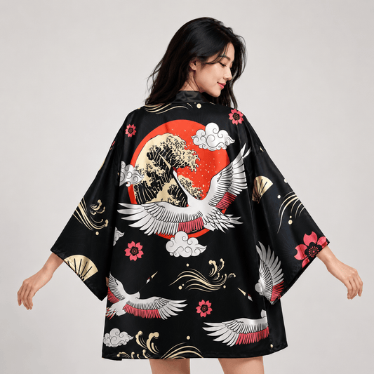 Kawaiies Collection - Kimono - Japanese-themed Cranes Mt Fuji Navy Sun Black Unisex Kimonos