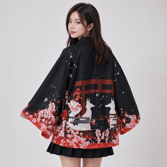 Kawaiies Collection - Kimono - Japanese-themed Black Red Fox Snake Shrine Women's Kimono