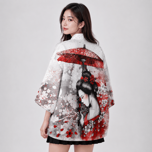 Kawaiies Collection - Kimono - Japanese-themed White Kimono Lady Red Sakura Unisex Kimono