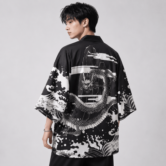 Kawaiies Collection - Kimono - Black White Dragon Wave Unisex Kimono Top
