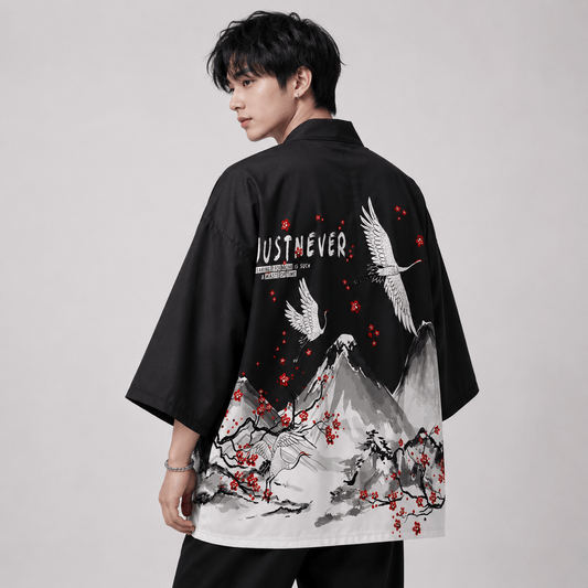 Kawaiies Collection - Kimono - Japanese-themed Crane Mountains Two-Piece Kimono Top & Shorts Sets
