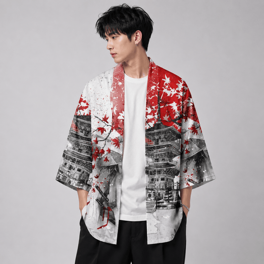 Kawaiies Collection - Kimono - Japanese-themed Samurai Pagoda Red Sun Unisex Kimono