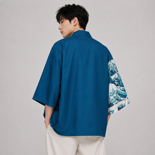 Navy Great Wave off Kanagawa Half Half Unisex Kimono