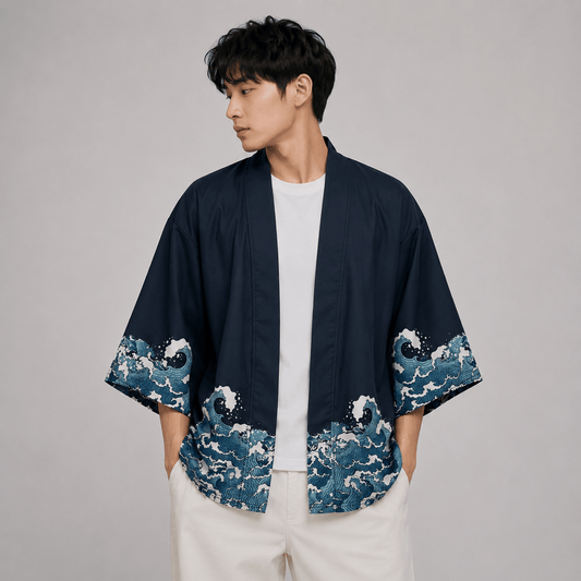 Kawaiies Collection - Kimono - Japanese-themed Koi Great wave off Kanagawa Unisex Navy Kimono