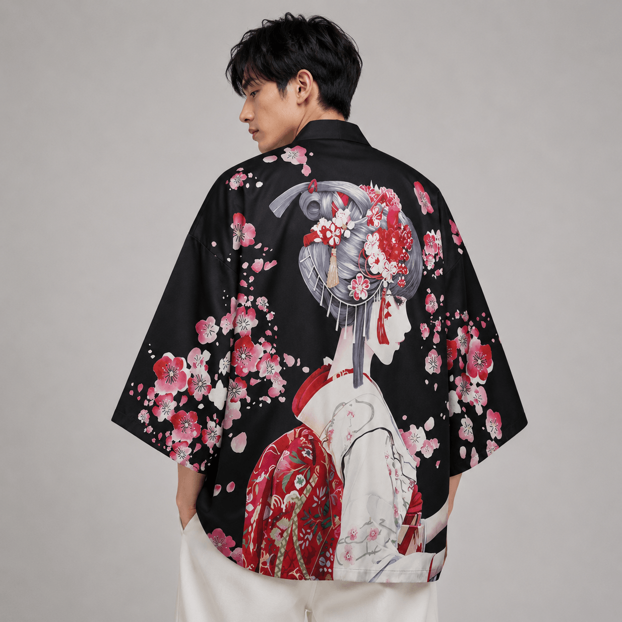 Japanese Sakura Black Red Anime Girl Long Kimono Cardigan Robes