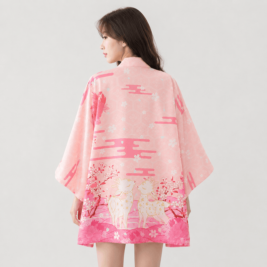 Kawaiies Collection - Kimono - Japanese Deer of Nara with Sakura Trees Kimono