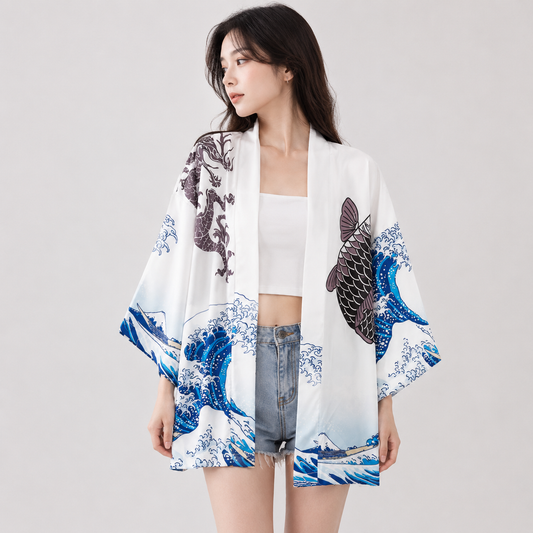 Japanese Great Wave off Kanagawa Dragons Kois Kimono