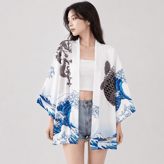 Kawaiies Collection - Kimono - Japanese Great Wave off Kanagawa Dragons Kois Kimono