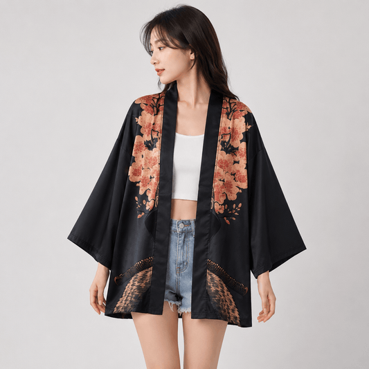 Kawaiies Collection - Kimono - Japanese-themed Sakura Samurai Cat Print Unisex Kimono