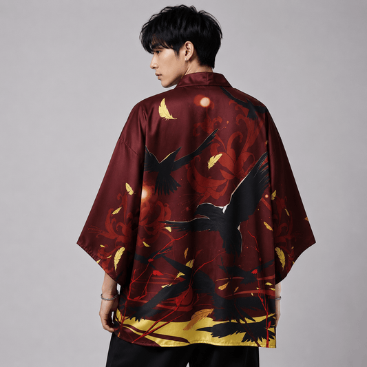 Kawaiies Collection - Kimono - Japanese-themed Black Red Crows Unisex Kimono
