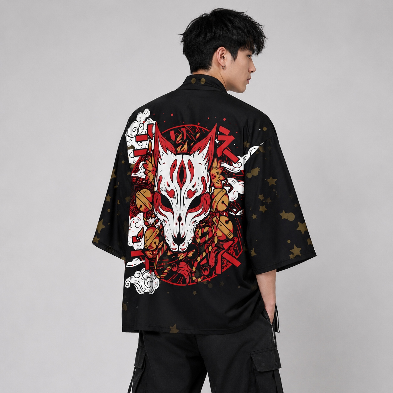 Japanese-themed White Fox Mask Print Unisex Kimono – Kawaiies